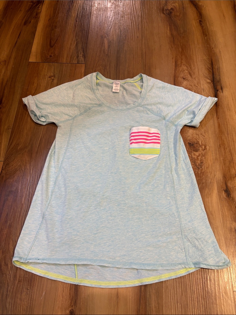 Ivivva Girls' Light Blue Pocket Tee with Pink & Yellow Stripe Pocket